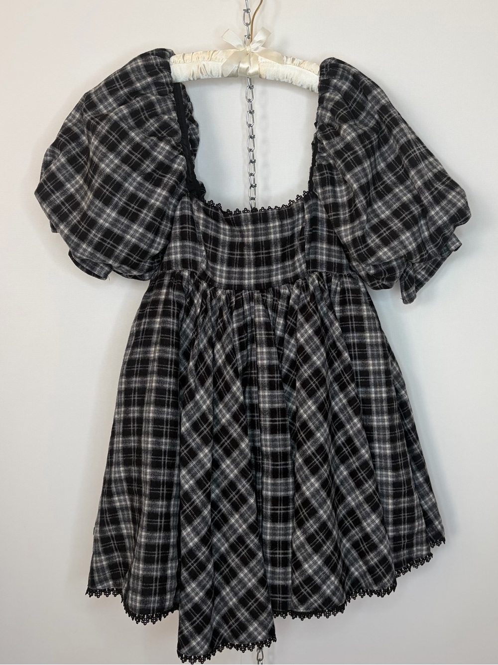 Black & Gray Plaid Puff Sleeve Mini Dress